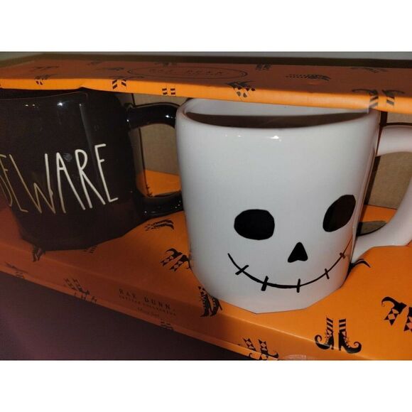 Rae Dunn Halloween Beware Mug White Jack Skeleton Pumpkin Face SET OF 2 - Picture 2 of 2